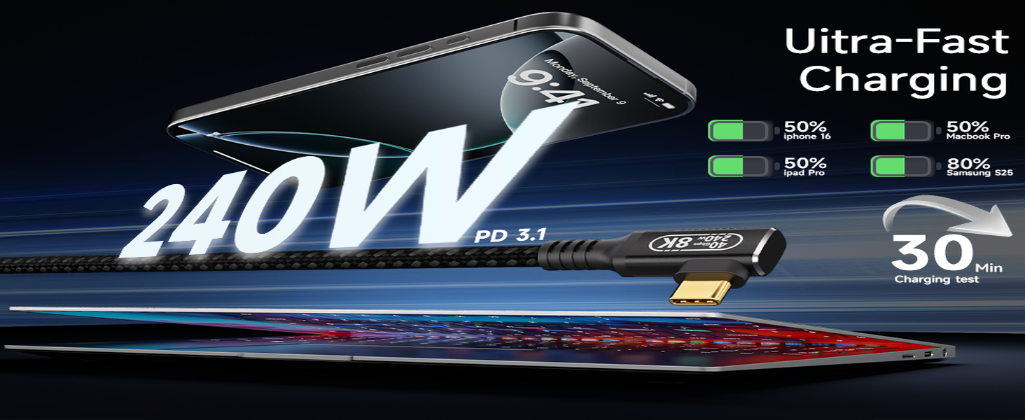 240W PD 3.1 fast charging cable for laptops and tablets with high power delivery.