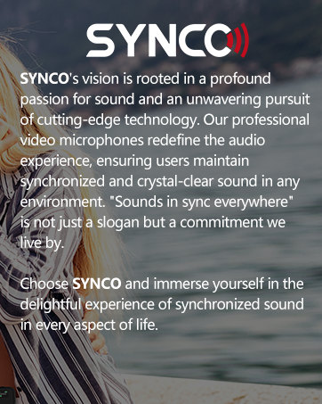 SYNCO brand advertisement for professional video microphones, emphasizing cutting-edge technology and crystal-clear sound. Background shows audio waveforms.