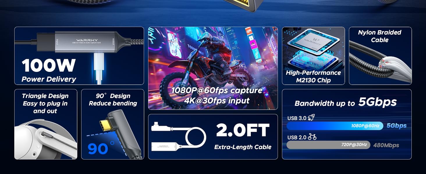 100w pd 1080p 60fps capture 4k 30fps input 2.0ft nylon braided cable usb 3.0