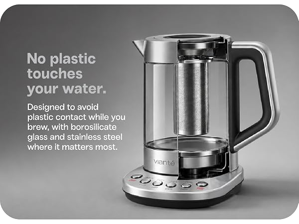 Glass tea maker cutaway showing borosilicate glass and stainless steel materials