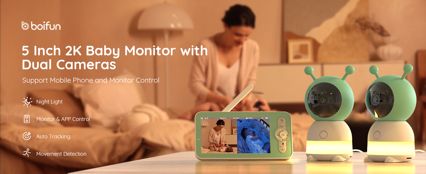 Boifun 2.4GHz Wi-Fi 2K Baby Monitor with Soothing Night Light