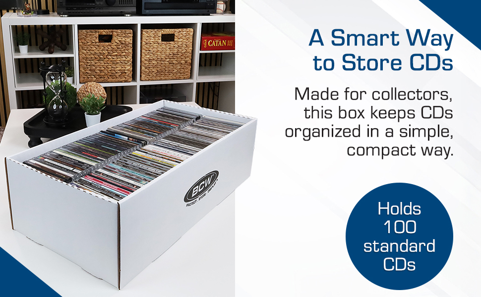 BCW CD storage box filled with 100 CDs, sitting neatly in a modern entertainment space.