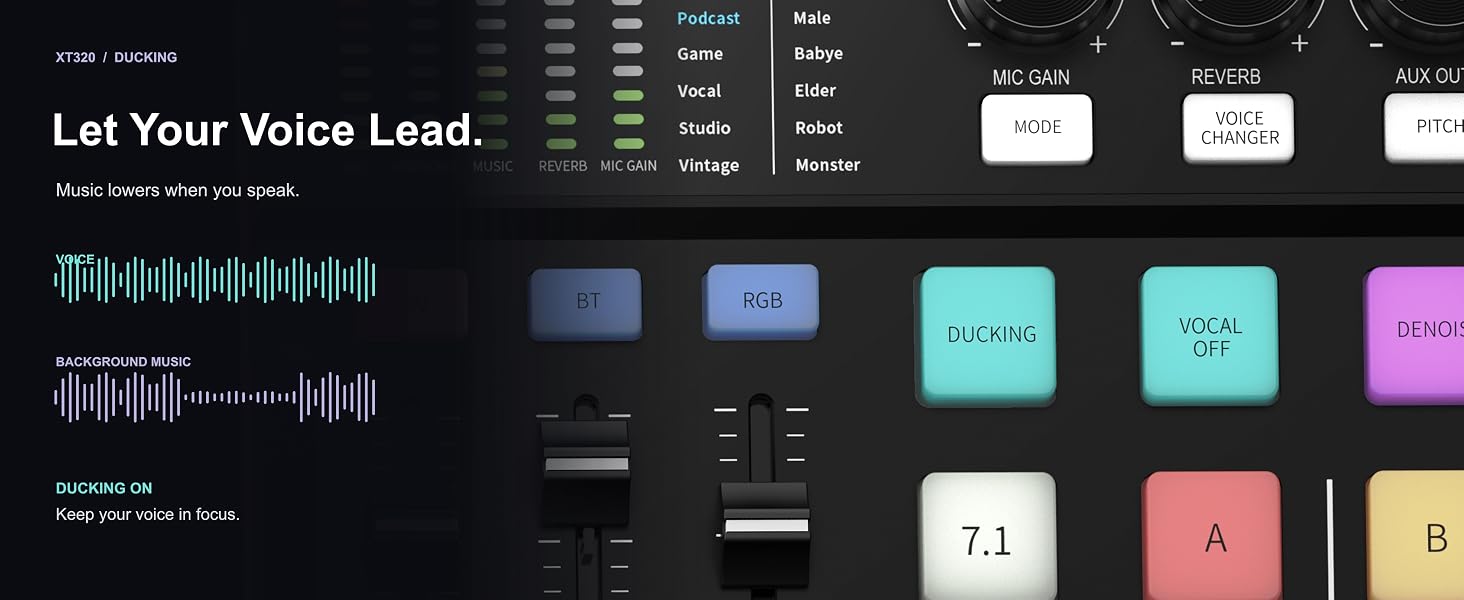 XT320 ducking control lowers background music when you speak to keep your voice prominent.