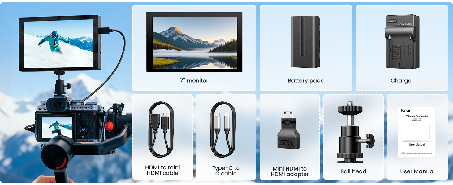 Eyoyo 7-inch Camera Field Monitor 1280x800 IPS Mini HDMI Video Monitors