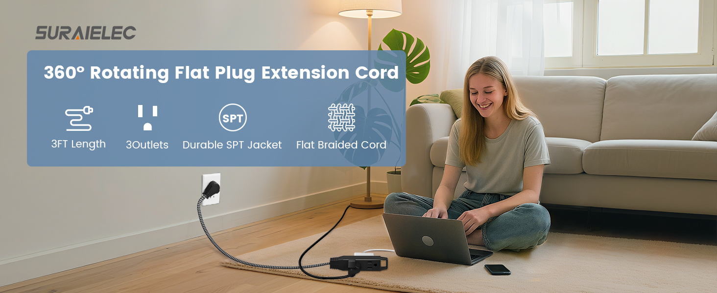 360° Rotating Flat Plug Extension Cord 3ft 2-pack