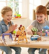 PicassoTiles 74PC Train Track Builder Rotating Reversible Engineering Playset w/Vehicle &amp; Decorat...