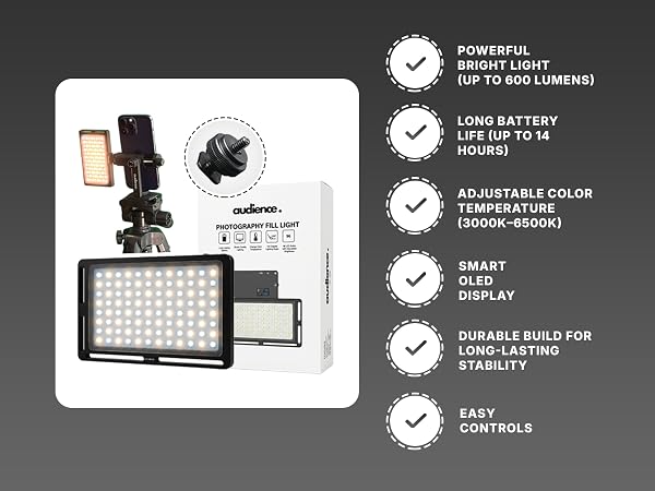 600 lumens LED fill light adjustable color temperature 3000K-6500K long battery OLED display