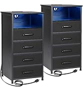LOAKEKEL Night Stand, Tall Nightstand Set of 2 with Charging Station, Black Dresser for Bedroom w...