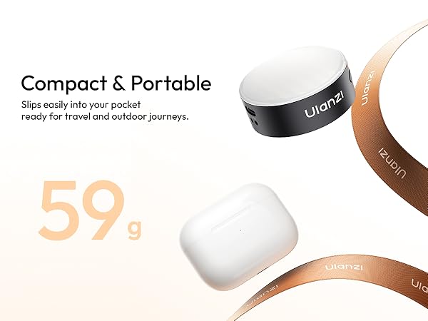 Text reads: 'Compact &amp; Portable' '59g'. Product image showing a small round white electronic device with copper/bronze accent bands.