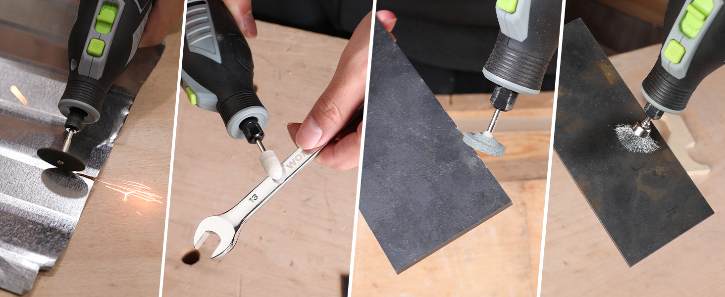 Four-panel image showing electric power tool cutting various materials. Tool demonstrated on wood, metal, and fabric surfaces, highlighting versatility.