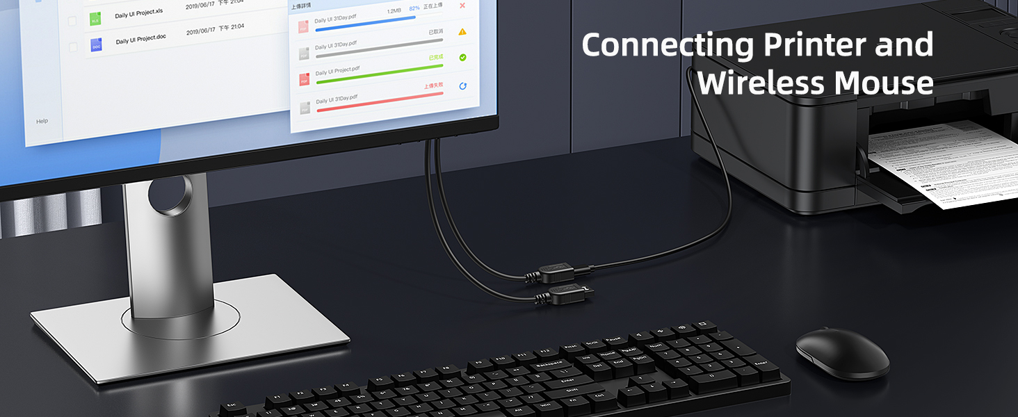 Computer desk setup with monitor, keyboard, mouse, and printer. Text overlay reads 'Connecting Printer and Wireless Mouse'.