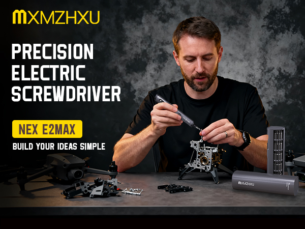 Text reads 'MXMZHXU PRECISION ELECTRIC SCREWDRIVER'. Product demonstration showing electric screwdriver being used for small electronics repair on dark background.