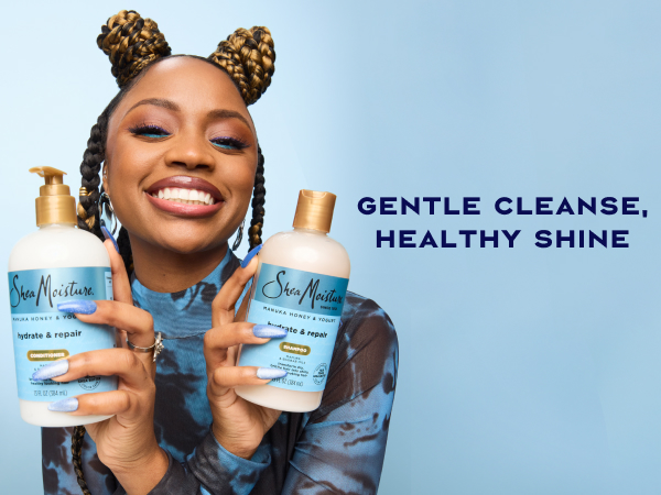 Image of a black woman with braided hair next to text: "gentle cleanse, healthy shine".