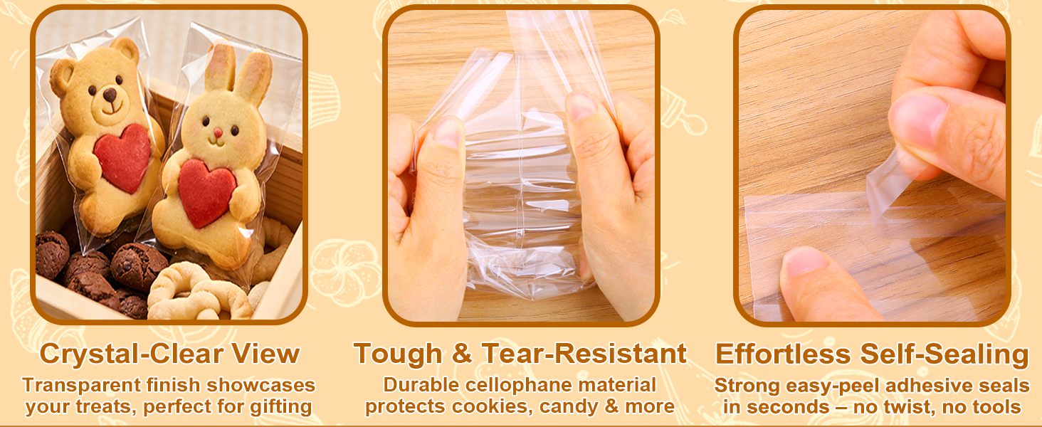 treat bags for cookies, resealable treat bags, clear cookie bags self adhesive, dessert bags