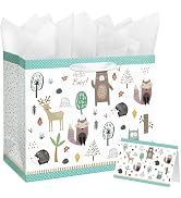 16.5" Large Baby Gift Bag with Card and Tissue Paper for Baby Shower,Kids Birthday (Woodland Animal)