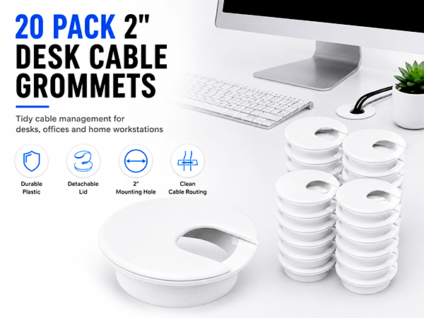 20 pack white 2 inch desk cable grommets for tidy cable management