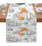 Pumpkin Table Runner, Leaves Fall Autumn Halloween Thanksgiving Orange Green White Table Runners ...