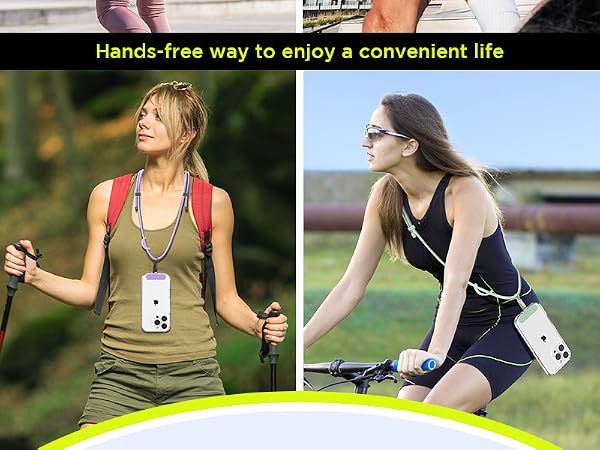 Composite image showcasing a hands-free device. Left: Woman hiking with device on lanyard. Right: Woman cycling with device attached. Text: 'Hands-free way to enjoy a convenient life'.