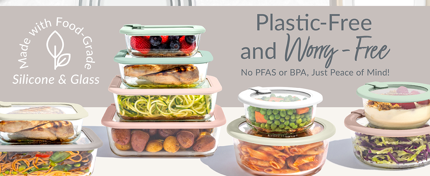 bentgo silicone and glass containers, plastic free food storage, glass food storage, pfas free
