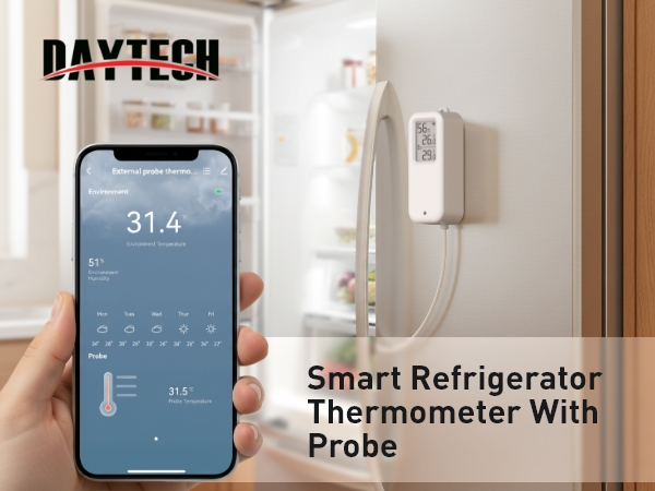 Text reads 'DAYTECH' and 'Smart Refrigerator Thermometer With Probe'. Multiple panels showing mobile app interface and digital temperature display.
