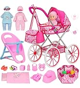 DRAMATION Unicorn Baby Doll Stroller Set with 11'' Baby Doll, Foldable Doll Stroller, Playpen, Di...