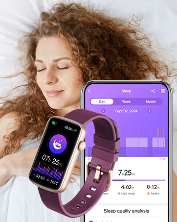 Purple smartwatch with sleep tracking display next to smartphone app showing sleep data. Watch features rectangular face and adjustable strap. App displays sleep quality analysis and statistics.