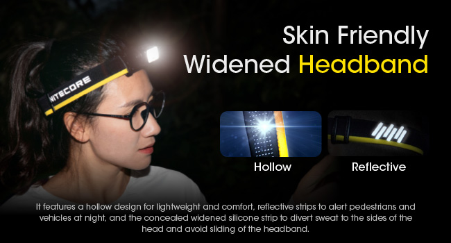 A woman wears the NU43 and the picture is close enough to show the details of the headband.