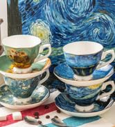 GUTE Van Gogh Tea Set, 4 Bone China Mugs with Gold Lined Handles, 8oz, Set of 4 - Great for Gifting