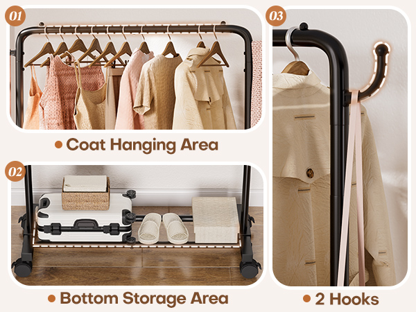 3 storage areas of garment rack
