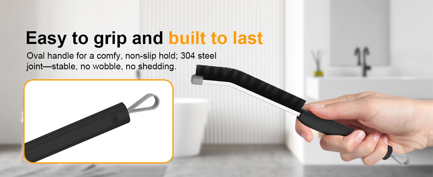 Text reads 'Easy to grip and built to last'. Demonstration of black handle being gripped and used, showing ergonomic design and durability features.