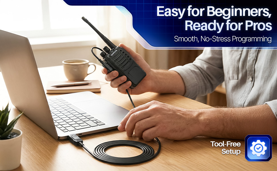 Hands programming a radio near a laptop, featuring Baofeng program cable and Baofeng bf-888s