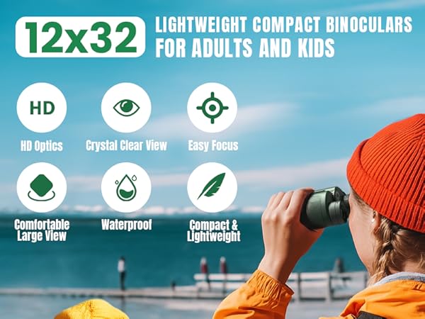 12x32 Lightweight Compact Binoculars for Adults and Kids