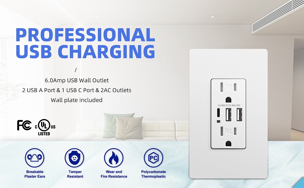 PROFESSIONALUSB CHARGING 6.0Amp USB Wall Outlet 2 USB A Port &amp;amp; 1 USB C Port &amp;amp; 2AC Outlets