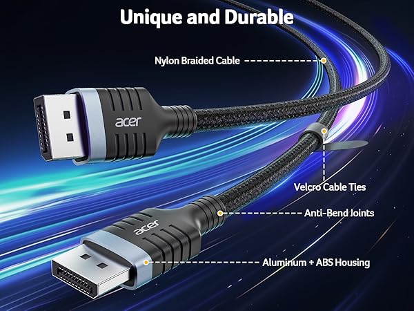 Text reads 'Unique and Durable', 'Nylon Braided Cable', 'Anti-bend boots', 'Aluminum/ABS Housing'. Technical diagram showing USB cable with blue lighting effects and labeled components.
