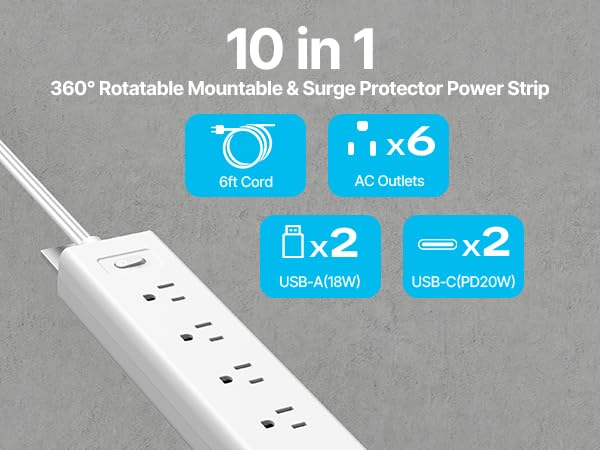 360 Rotatable Mountable Surge Protector Power Strip