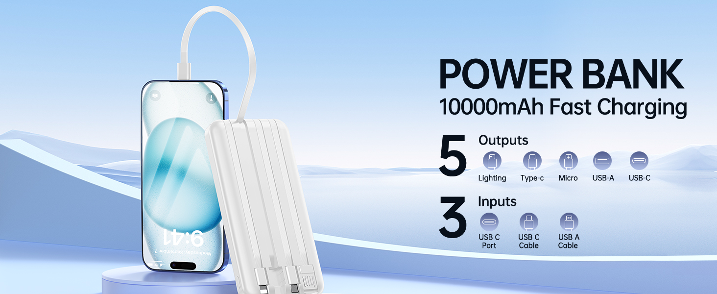 Power bank built in cables 10000mAh
