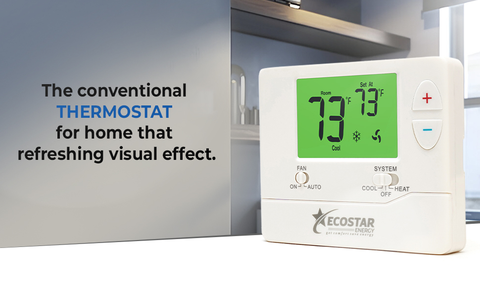 Non programmable home thermostat with green LCD room temperature simple control buttons