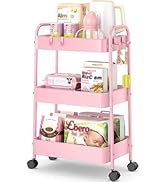 TOOLF Metal Utility Cart,3 Tier Rolling Cart wth 4 Hooks Storage Cart on Wheels Craft Cart with H...