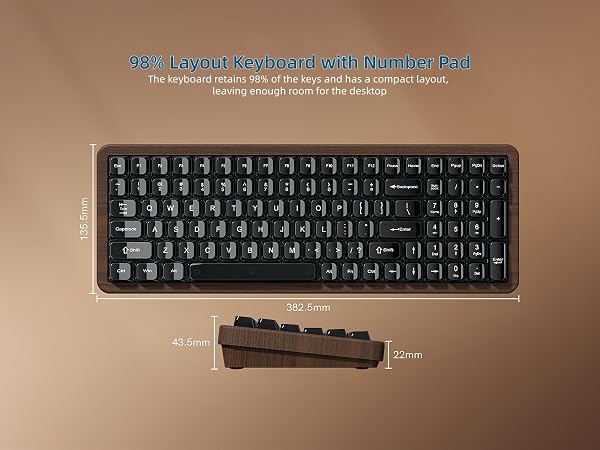 98% Wireless Mechanical Keyboard with Number Pad Natural Walnut Wood Gaming Keyboard