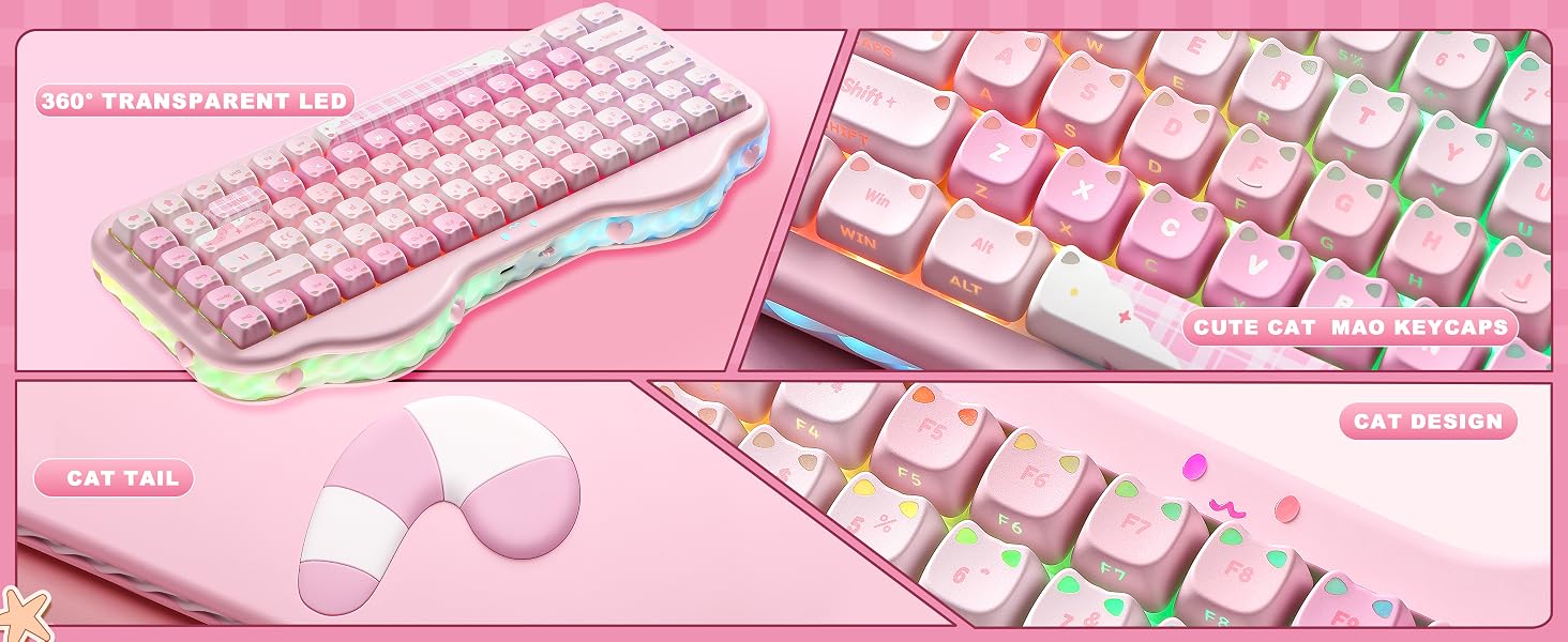 Pink mechanical keyboards displayed from multiple angles showing gradient pink-to-white keycaps, compact layout design, and matching pink accessories including mouse and desk pad on pink background.