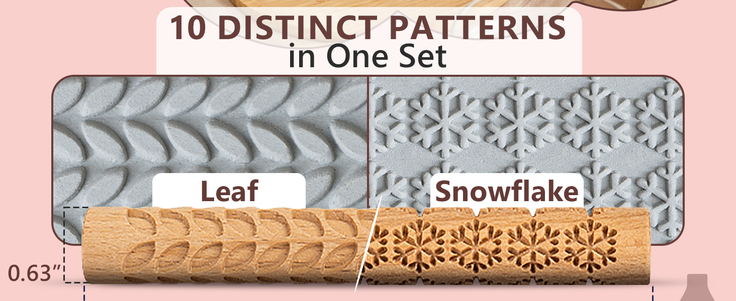 Leaf and Snowflake pattern beech wooden rollers