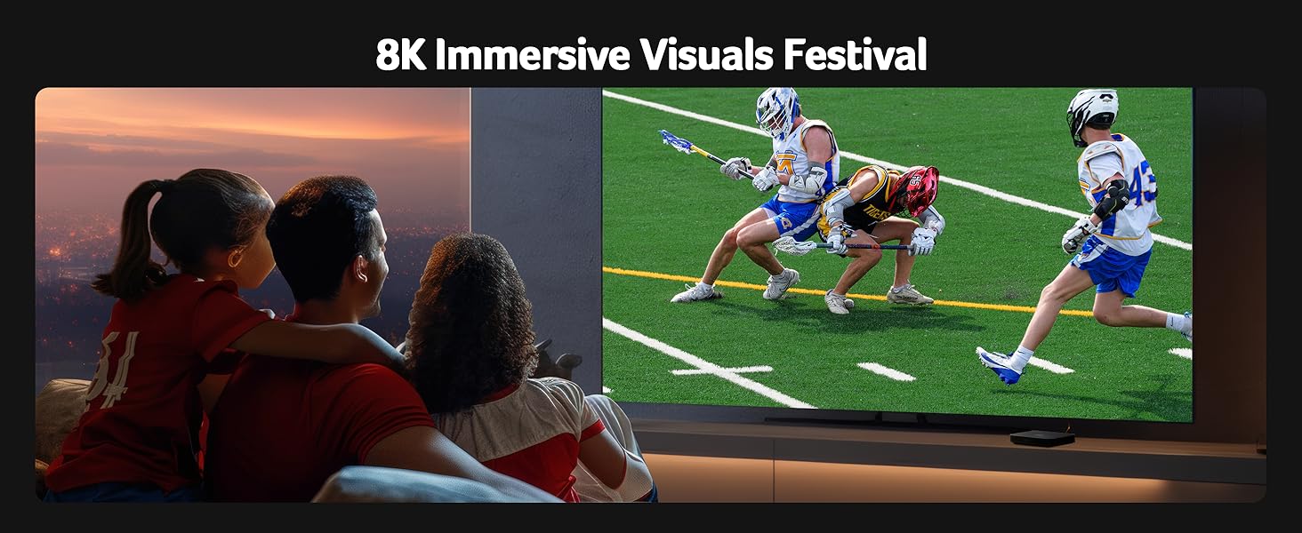 Text reads '8K Immersive Visuals Festival'. Split image showing viewers watching projection and sports action scene on large display screen.