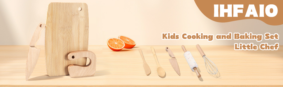 8 PCs Kids Cooking Sets for Little Chef, Nature Wood Utensil