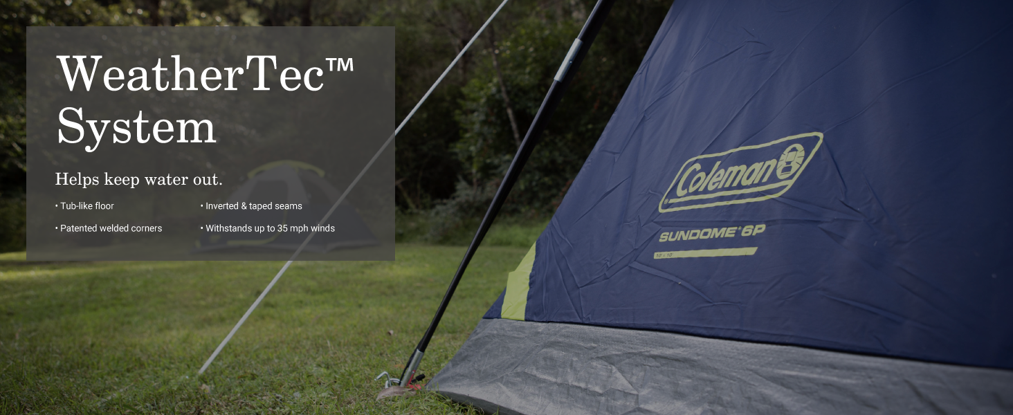 coleman tent weather weathertec system water rain protect wind safe clean dry grass blue sundome