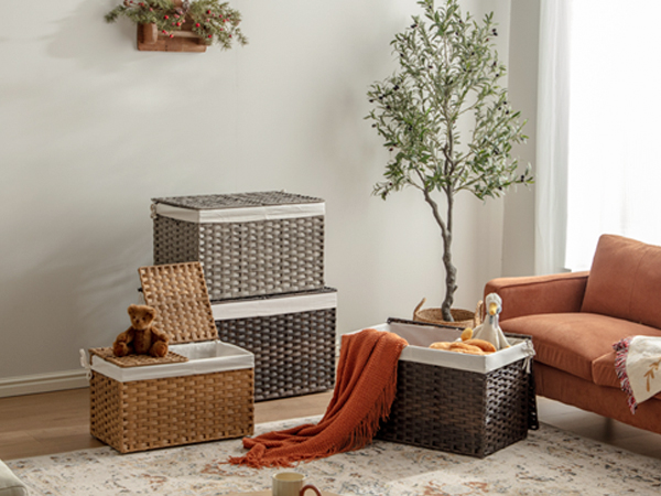 Storage Basket with Lid Woven Storage Basket with 2 Separate Lid