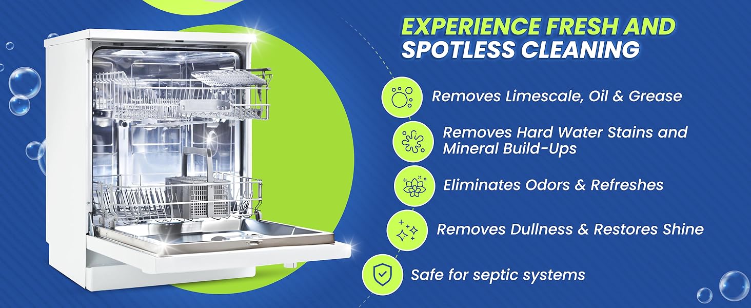 removes limescale, grease, stains, and restores shine while being septic-safe.