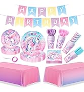 195Pcs Unicorn Birthday Party Supplies, Unicorn Themed Birthday Decorations with Banner and Table...