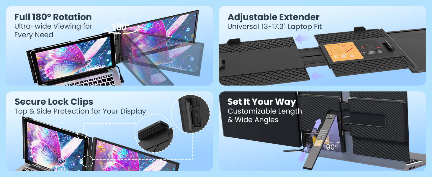 Full 180° Rotation &amp;amp; Adjustable Extender &amp;amp; Secure Lock Clips &amp;amp; Set It Your Way for Adjustable Stand