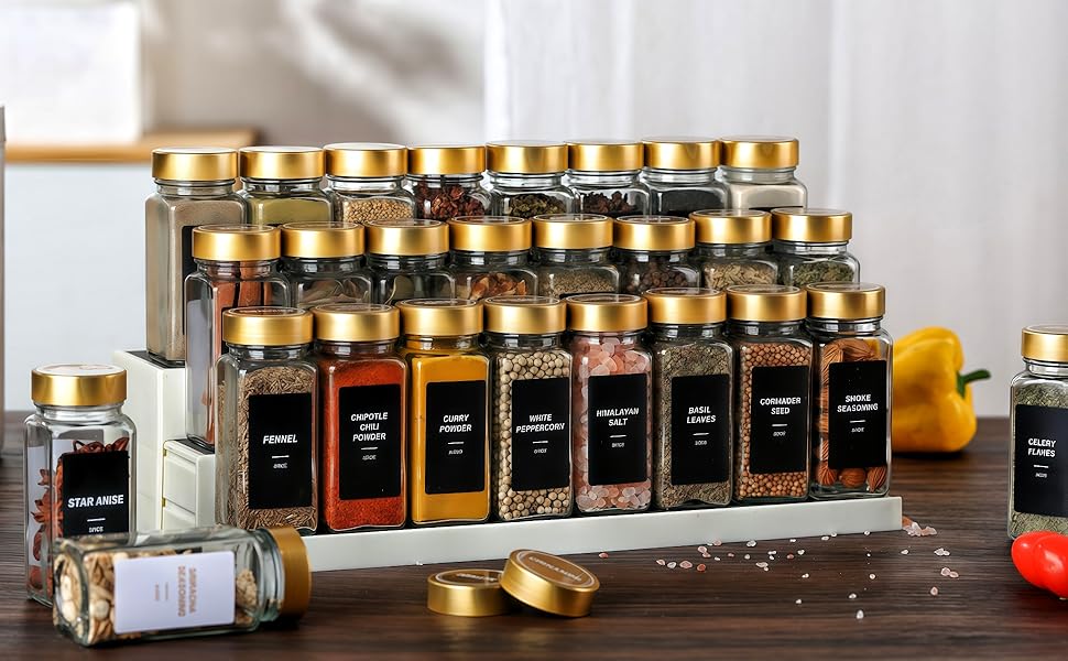 Gold spice jars with label