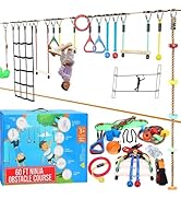 Hyponix Ninja Warrior Obstacle Course for Kids – 2 x 60 ft Slackline with 13 Outdoor Ninja Obstac...